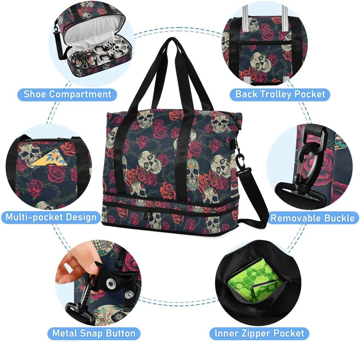 Travel Duffel Tote Rose Gothic Skull Sports Bag With Wet Pocket - Weekender Overnight for Women Men Gym, Carry On, Hospital for Labor and Delivery