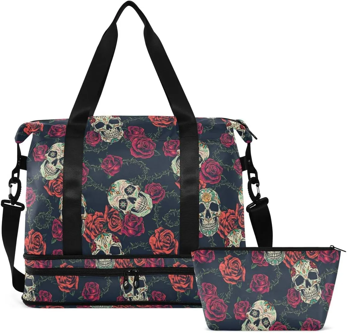 Travel Duffel Tote Rose Gothic Skull Sports Bag With Wet Pocket - Weekender Overnight for Women Men Gym, Carry On, Hospital for Labor and Delivery