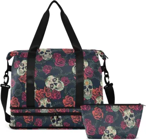 Travel Duffel Tote Rose Gothic Skull Sports Bag With Wet Pocket - Weekender Overnight for Women Men Gym, Carry On, Hospital for Labor and Delivery