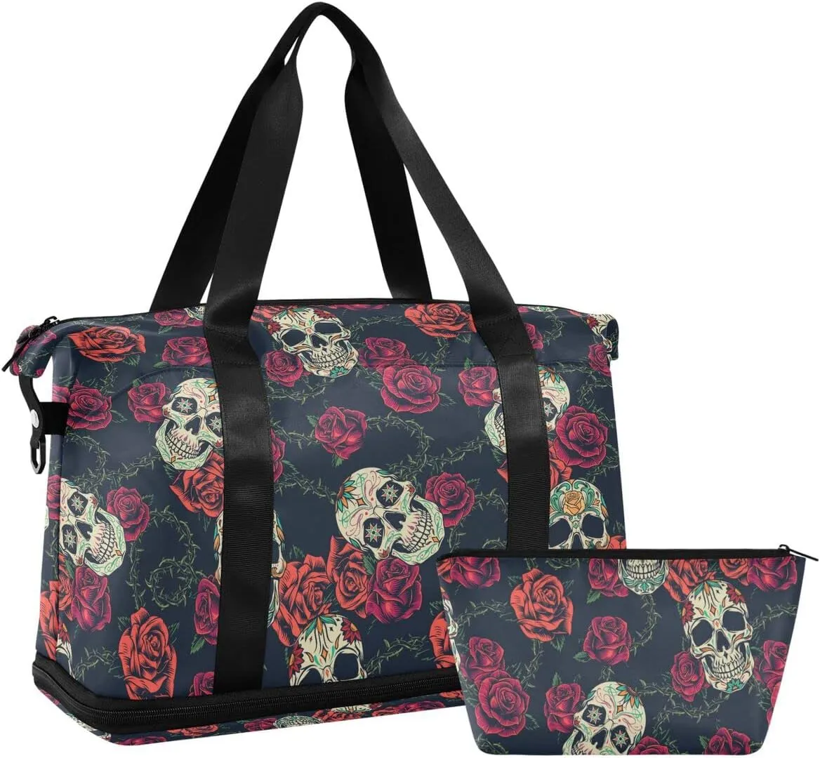 Travel Duffel Tote Rose Gothic Skull Sports Bag With Wet Pocket - Weekender Overnight for Women Men Gym, Carry On, Hospital for Labor and Delivery