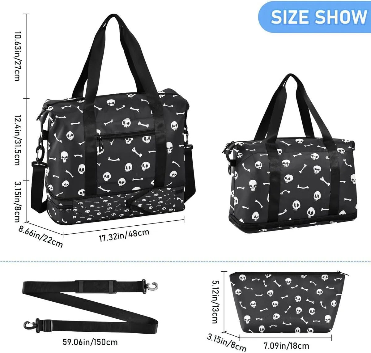 Travel Duffel Tote With White Skull on Black - Sports Bag With Wet Pocket, Weekender Overnight for Women Men, Gym, Carry On, Hospital for Labor and Delivery