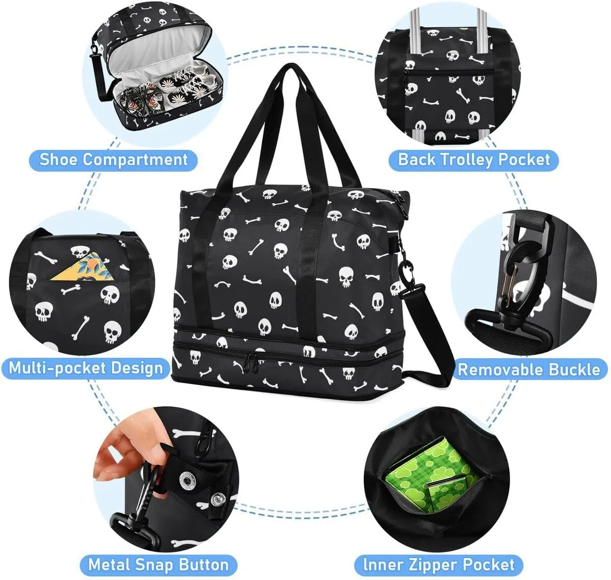 Travel Duffel Tote With White Skull on Black - Sports Bag With Wet Pocket, Weekender Overnight for Women Men, Gym, Carry On, Hospital for Labor and Delivery