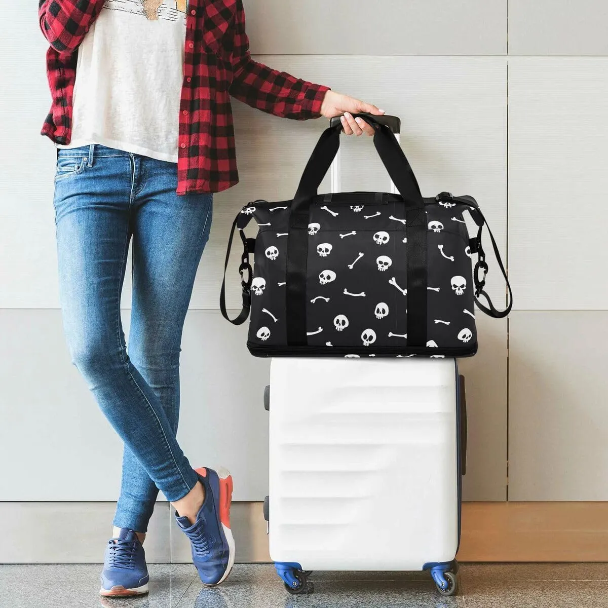 Travel Duffel Tote With White Skull on Black - Sports Bag With Wet Pocket, Weekender Overnight for Women Men, Gym, Carry On, Hospital for Labor and Delivery