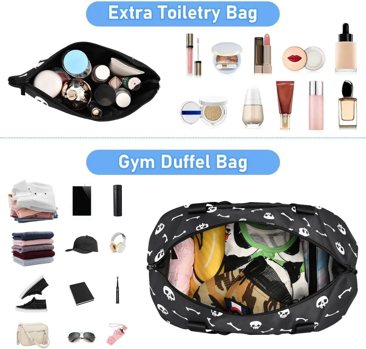 Travel Duffel Tote With White Skull on Black - Sports Bag With Wet Pocket, Weekender Overnight for Women Men, Gym, Carry On, Hospital for Labor and Delivery