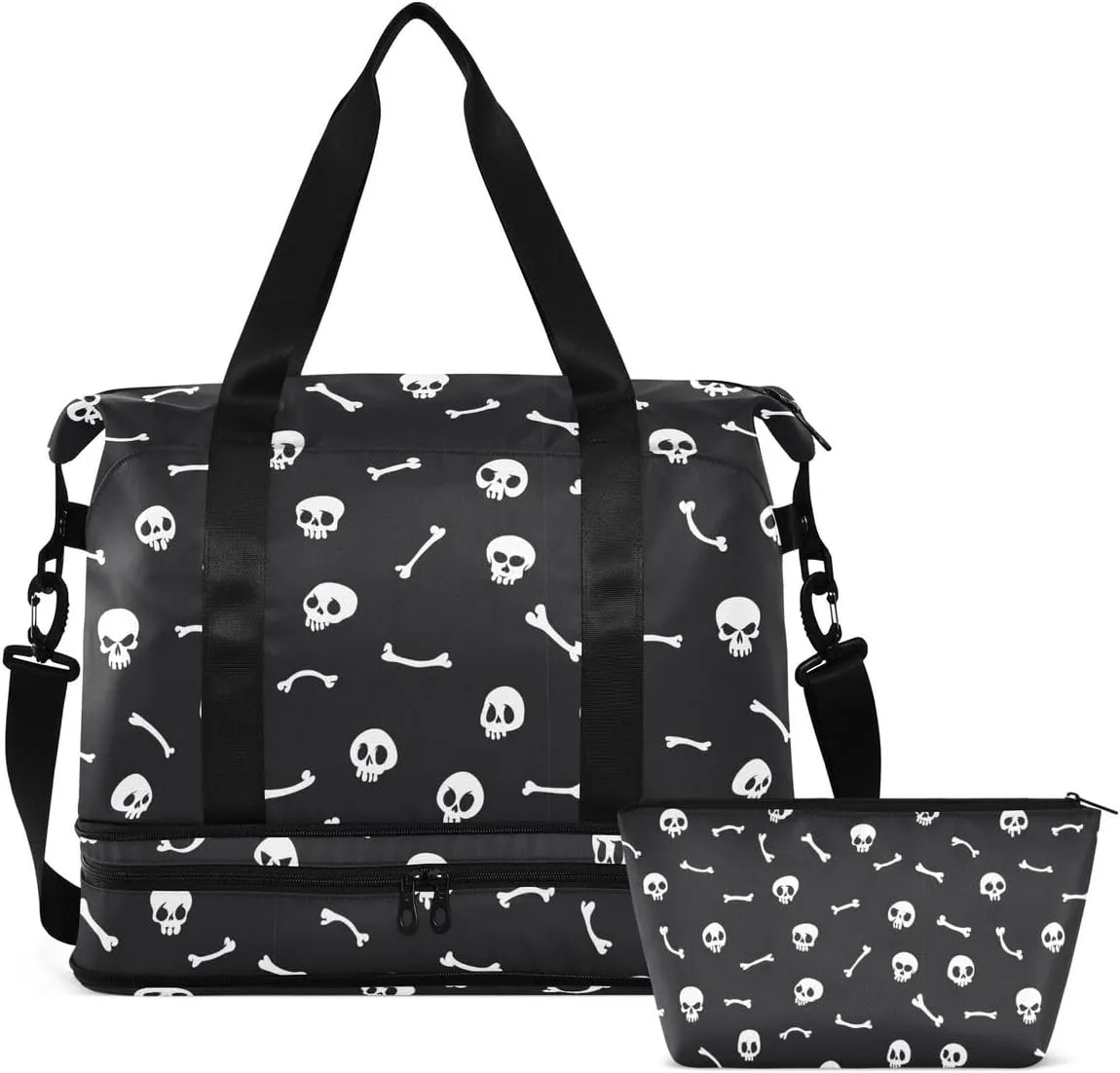 Travel Duffel Tote With White Skull on Black - Sports Bag With Wet Pocket, Weekender Overnight for Women Men, Gym, Carry On, Hospital for Labor and Delivery