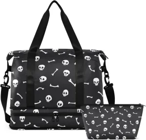 Travel Duffel Tote With White Skull on Black - Sports Bag With Wet Pocket, Weekender Overnight for Women Men, Gym, Carry On, Hospital for Labor and Delivery