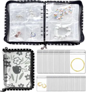 Travel Jewelry Organizer Case,Jewelry Storage Book with 45 Portable Thick PVC Pouches,Jewelry Organizer Zipper Bags for Necklaces Bracelet Rings and Earrings (front cover removable)