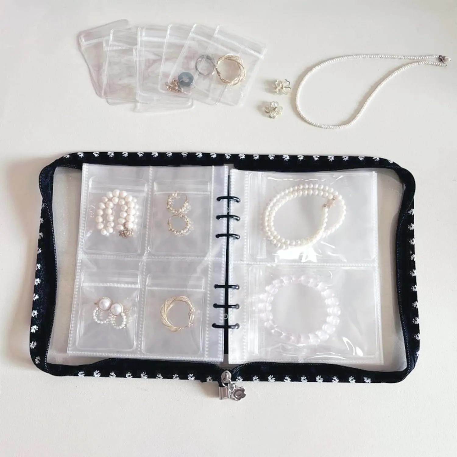 Travel Jewelry Organizer Case,Jewelry Storage Book with 45 Portable Thick PVC Pouches,Jewelry Organizer Zipper Bags for Necklaces Bracelet Rings and Earrings (front cover removable)
