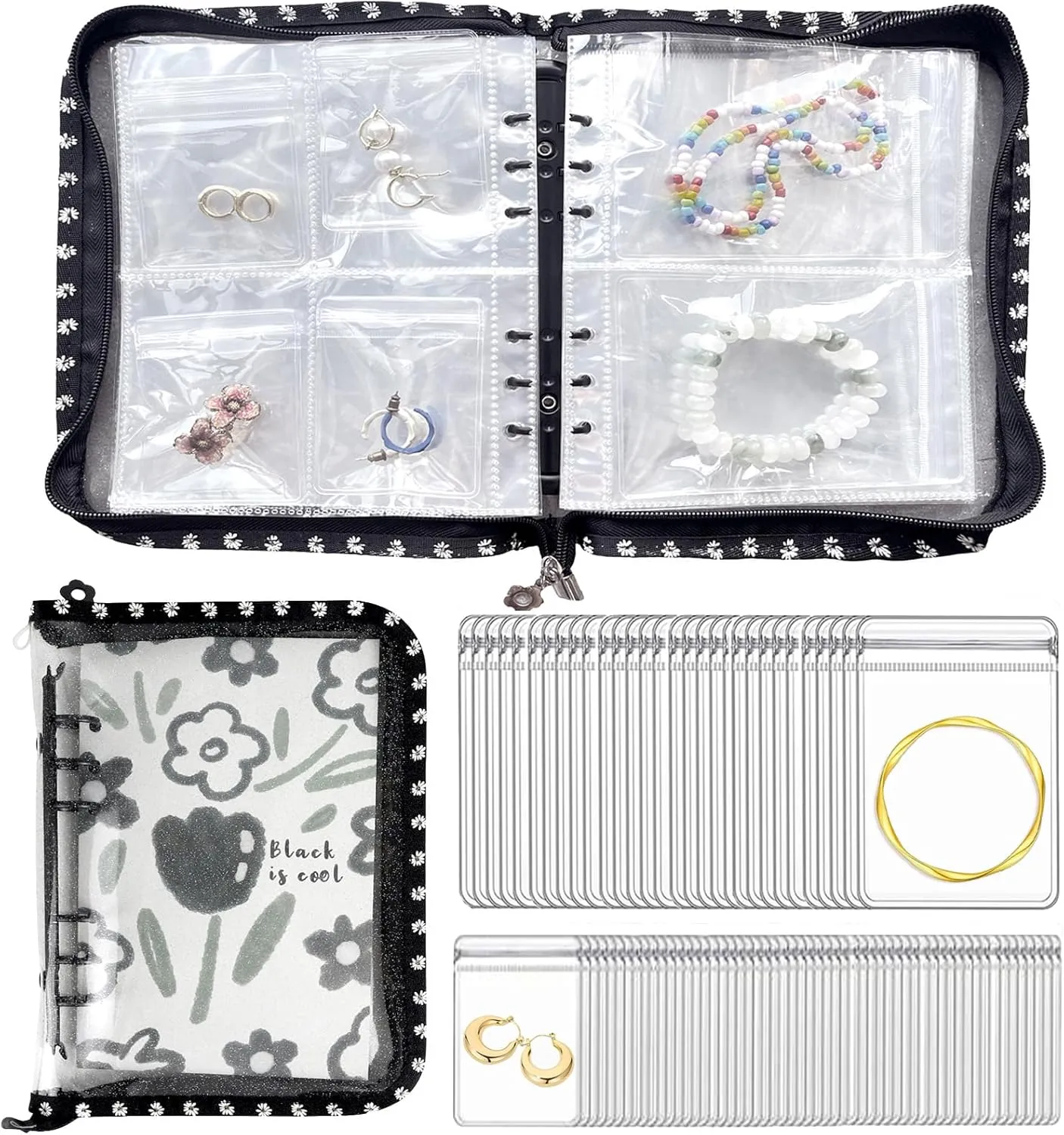 Travel Jewelry Organizer Case,Jewelry Storage Book with 45 Portable Thick PVC Pouches,Jewelry Organizer Zipper Bags for Necklaces Bracelet Rings and Earrings (front cover removable)