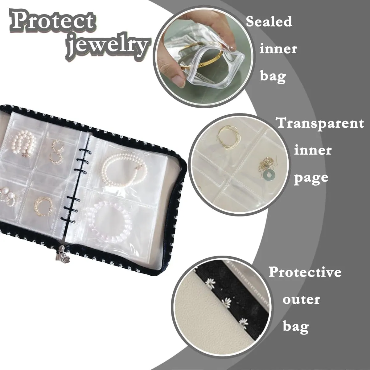 Travel Jewelry Organizer Case,Jewelry Storage Book with 45 Portable Thick PVC Pouches,Jewelry Organizer Zipper Bags for Necklaces Bracelet Rings and Earrings (front cover removable)