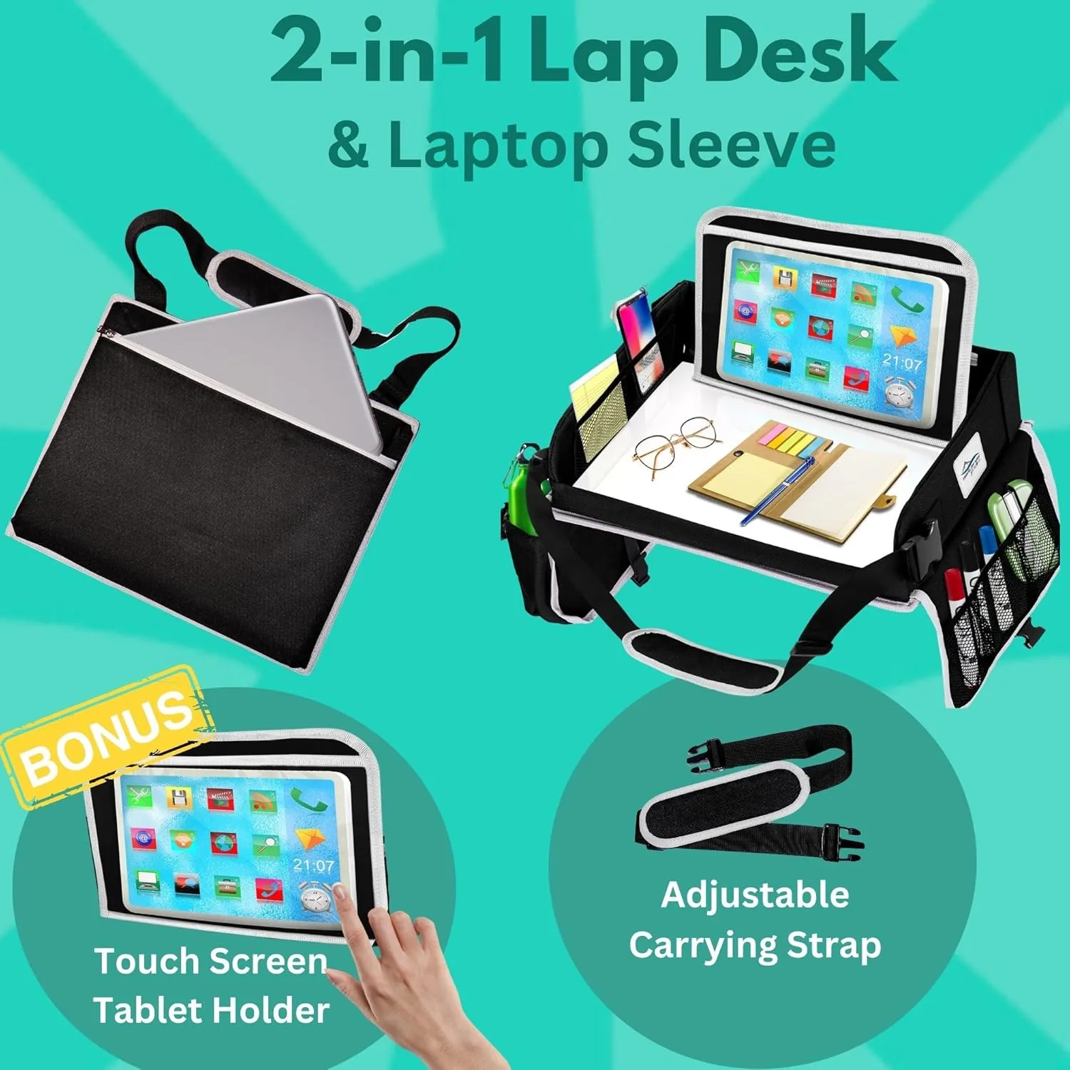 Travel Lap Desk, Travel Tray, Portable Lapdesk for Car, Remote Work, Road Trips, School, Laptop Pad with Storage Pocket, Tablet Holder, Shoulder Strap, Fits up to 15.6-Inch Laptop (Black)