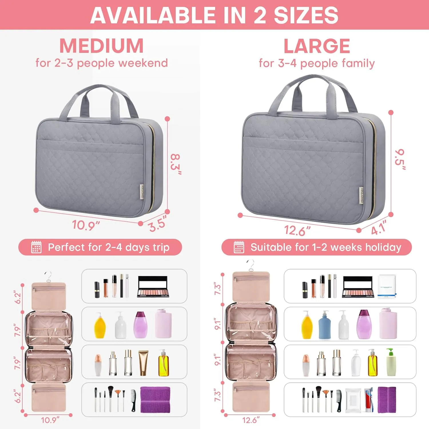 Travel Size Toiletry Bag for Women, Portable Cosmetic Bag with Hanging Hook, Travel Essentials Water-resistant Makeup Organizer for Accessories, Shampoo, Full-size Container, Toiletries