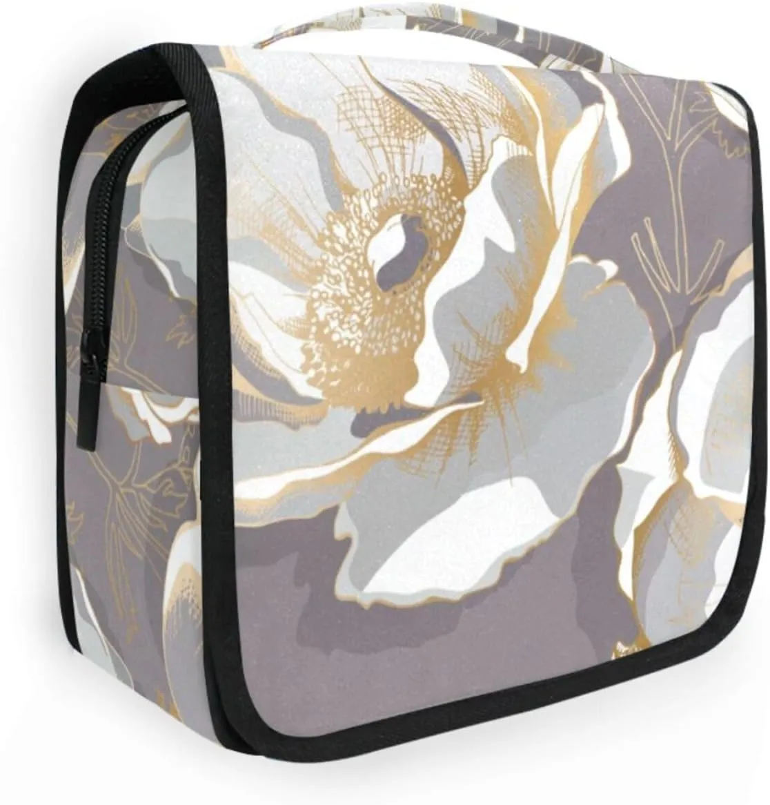 Travel Toiletry Bag Cosmetic Bag Elegant Golden Anemone Flowers Grey Portable Hanging Cosmetic Case Traveling With Leakproof Compartment Makeup Toiletries Cosmetic Organizer for Men Women