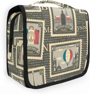 Travel Toiletry Bag Cosmetic Bag Postage Stamps French Landmarks Portable Hanging Cosmetic Case Traveling With Leakproof Compartment Makeup Toiletries Cosmetic Organizer for Men Women