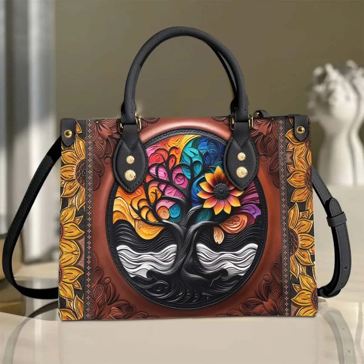 Tree Of Life Leather Bag For Women, Tree For Positive Energy Handbag, Aesthetic Black Seven Chakra Crossbody Bag Purse Chic Satchel Shoulder Bag with Strap for Work Travel, Spiritual Gifts (White Strap)