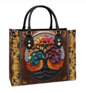Tree Of Life Leather Bag For Women, Tree For Positive Energy Handbag, Aesthetic Black Seven Chakra Crossbody Bag Purse Chic Satchel Shoulder Bag with Strap for Work Travel, Spiritual Gifts (White Strap)