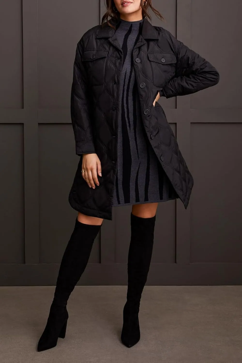 Tribal Women's Long Drop Shoulder Sleeves Quilted Button-up Jackets with Chest Pockets