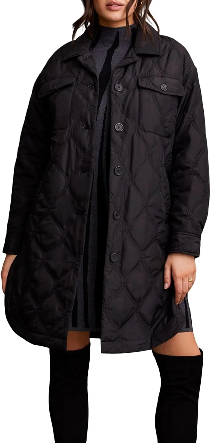 Tribal Women's Long Drop Shoulder Sleeves Quilted Button-up Jackets with Chest Pockets