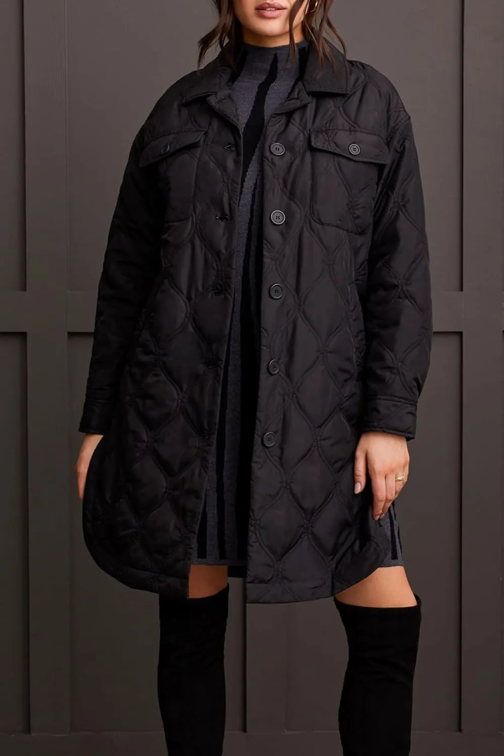 Tribal Women's Long Drop Shoulder Sleeves Quilted Button-up Jackets with Chest Pockets