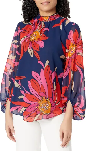 Trina Turk Women's Floral Mock Neck Blouse