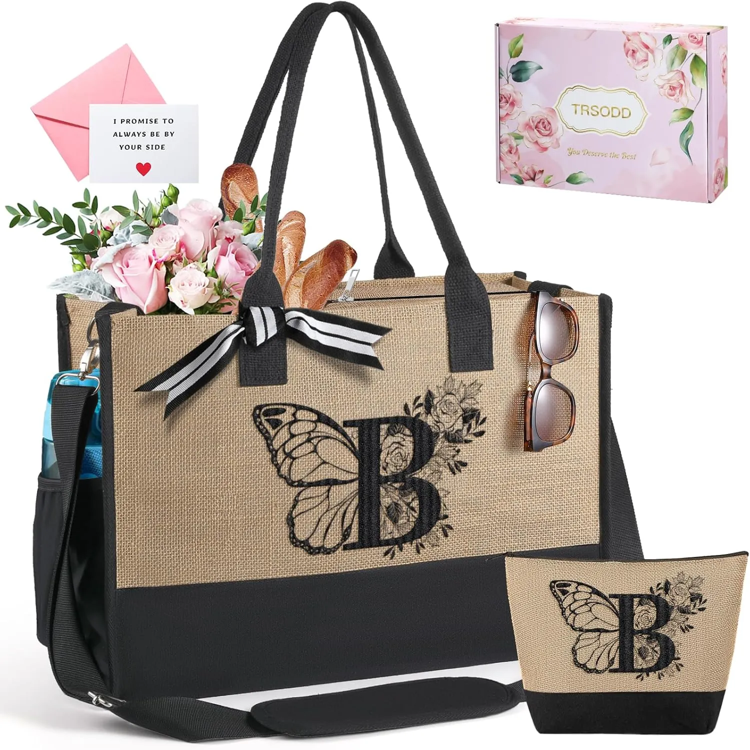 TRSODD Birthday Gifts for Women Mothers Day Gifts for Mom Wife Grandma Daughter Sister Bridesmaid Initial Jute Tote Bag