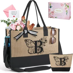 TRSODD Birthday Gifts for Women Mothers Day Gifts for Mom Wife Grandma Daughter Sister Bridesmaid Initial Jute Tote Bag