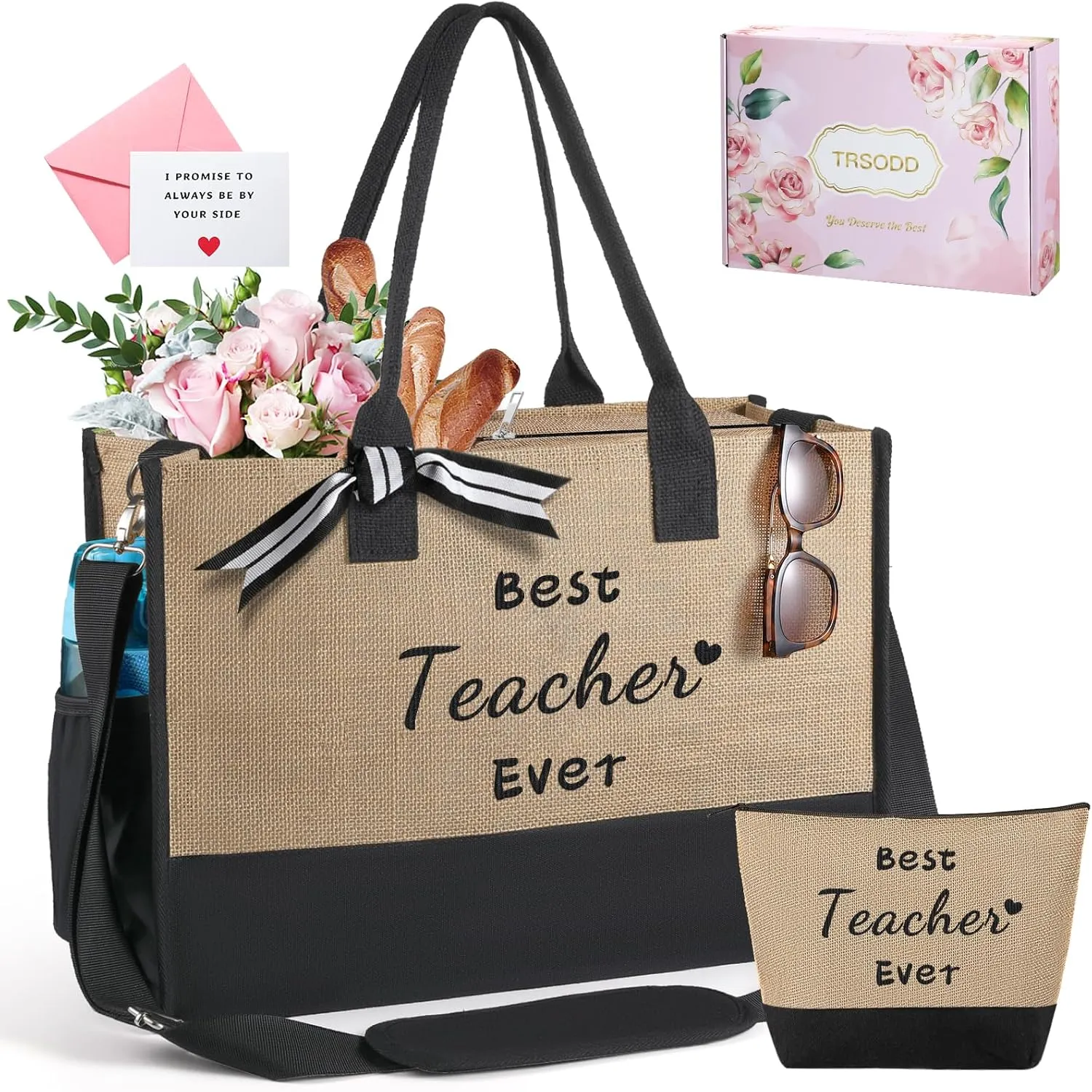 TRSODD Teacher Appreciation Gifts Birthday Gifts for Women Personalized Teacher Jute Tote Bag and Makeup Bag Set