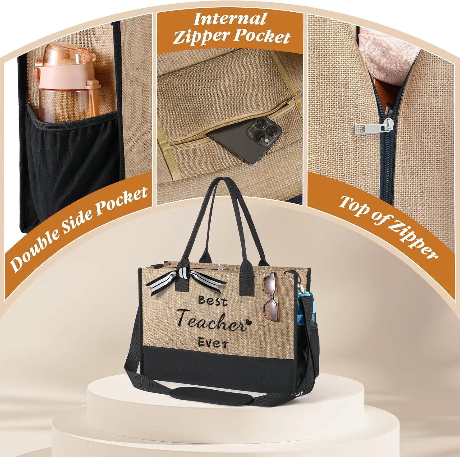 TRSODD Teacher Appreciation Gifts Birthday Gifts for Women Personalized Teacher Jute Tote Bag and Makeup Bag Set