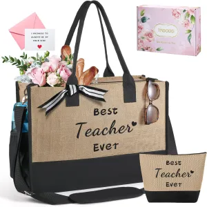 TRSODD Teacher Appreciation Gifts Birthday Gifts for Women Personalized Teacher Jute Tote Bag and Makeup Bag Set