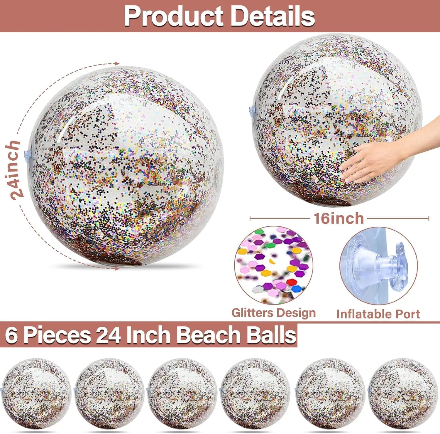 TURNMEON 6 Pack Inflatable Beach Ball 24 Inch Glitter Beach Balls Pool Toys Confetti Clear Beach Ball Swimming Pool Water Beach Toys Outdoor Summer Party Favors for Kids Adults (Mixed Color)