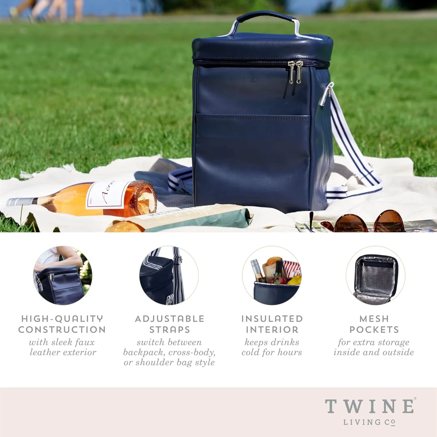 Twine Insulated Wine Tote with Adjustable Shoulder Straps and Front Pocket-Waterproof Cooler Backpack Perfect for Picnic, Camping, Beach, Hiking, Outdoor Party, Road Trips, Set of 1, Blue