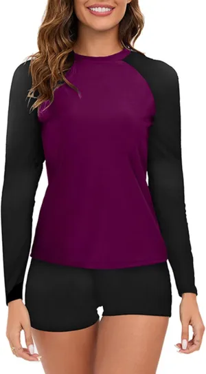 Two Piece Swimsuit for Women Long Sleeve Crewneck Full Coverage Shirt Boyleg Rash Guard UV Protection Bathing Suit