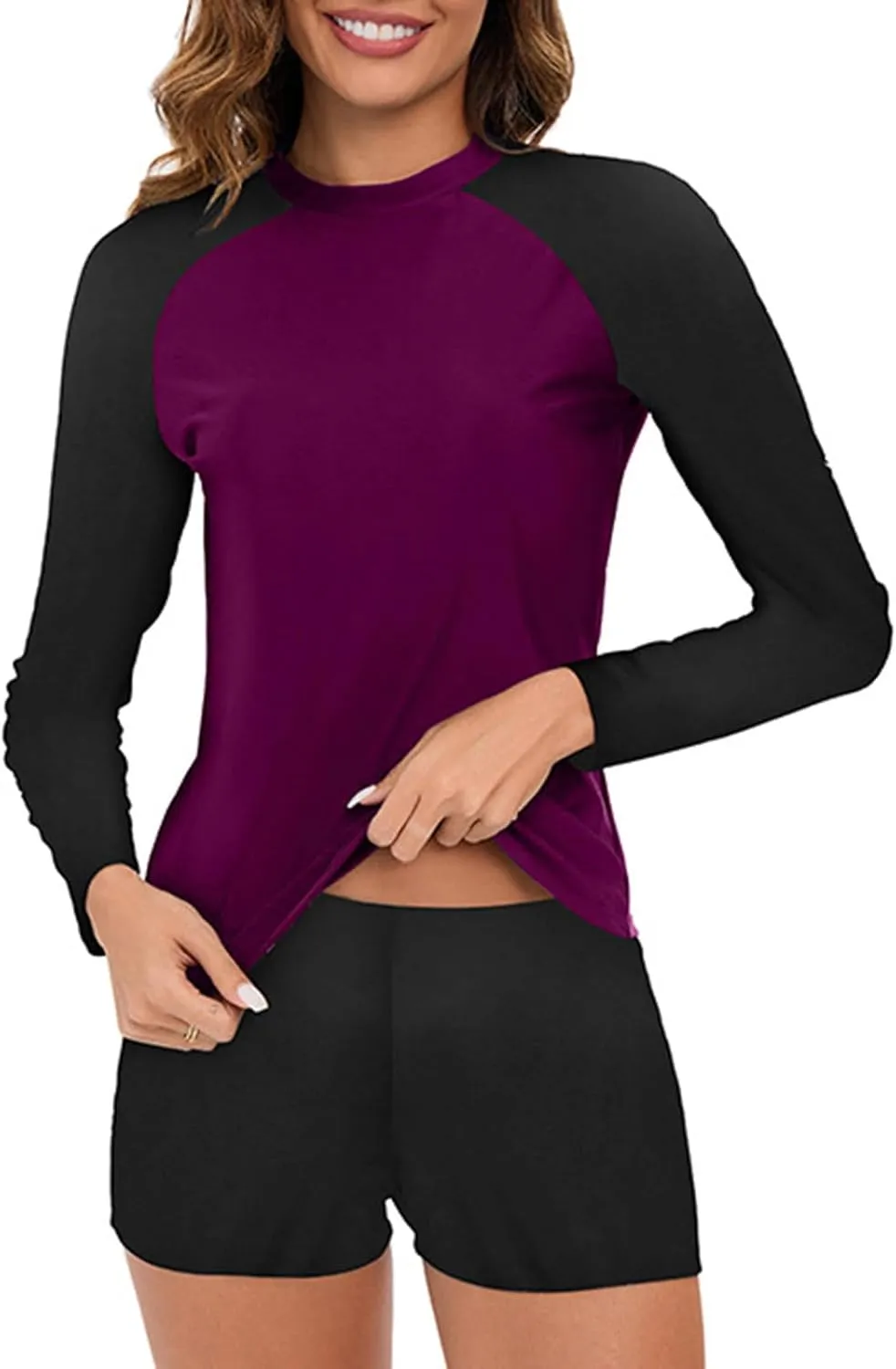 Two Piece Swimsuit for Women Long Sleeve Crewneck Full Coverage Shirt Boyleg Rash Guard UV Protection Bathing Suit