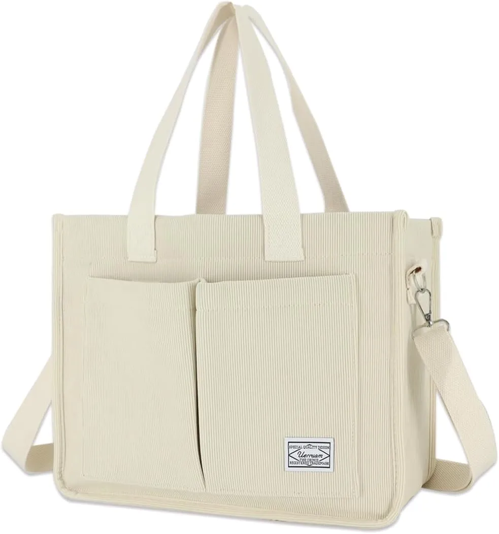 UERRUAM Tote Bag for Women with Pockets,Large Corduroy Crossbody Purse for Laptop,Work,College,Everyday,Travel