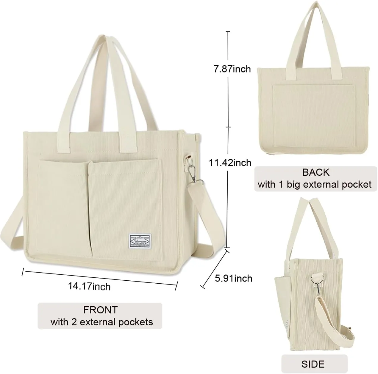 UERRUAM Tote Bag for Women with Pockets,Large Corduroy Crossbody Purse for Laptop,Work,College,Everyday,Travel