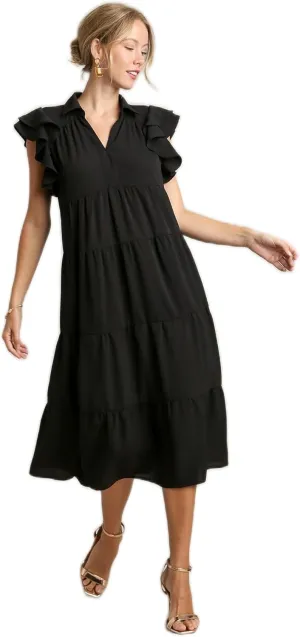 Umgee Collar Split Neck Short Ruffle Sleeves Tiered Midi Dress with No Lining Black