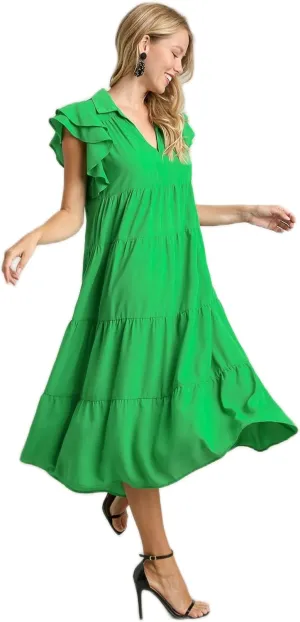 Umgee Collar Split Neck Short Ruffle Sleeves Tiered Midi Dress with No Lining Kelly Green