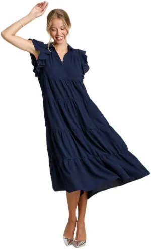 Umgee Collar Split Neck Short Ruffle Sleeves Tiered Midi Dress with No Lining Navy