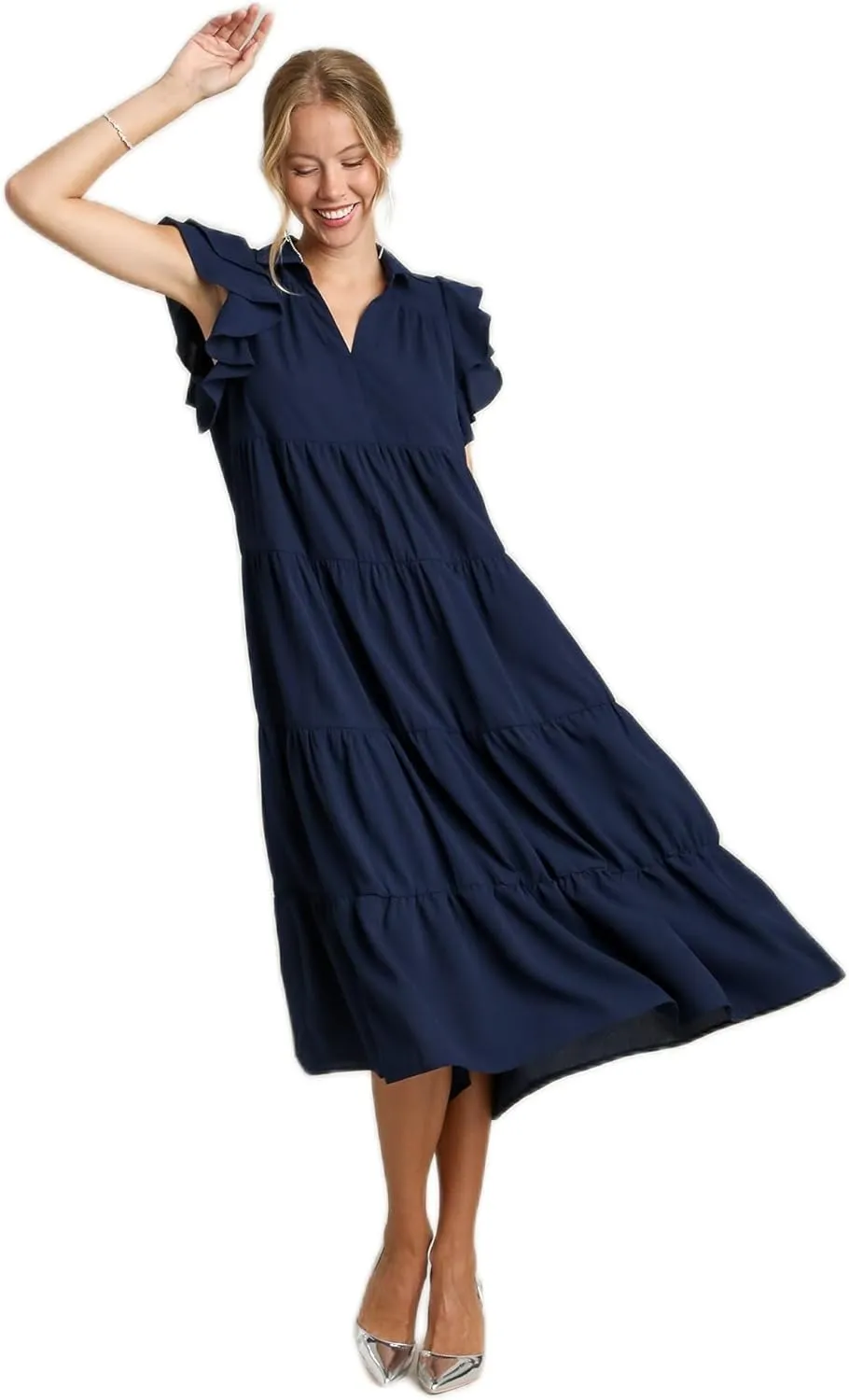 Umgee Collar Split Neck Short Ruffle Sleeves Tiered Midi Dress with No Lining Navy