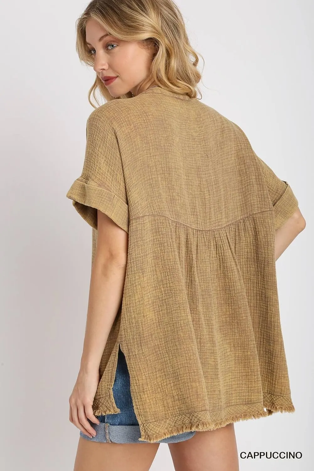 Umgee Mineral Wash Gauze Fabric Tunic Top Split Neckline, Side Split Hem, Cuffed Sleeves & Hi Low Cut