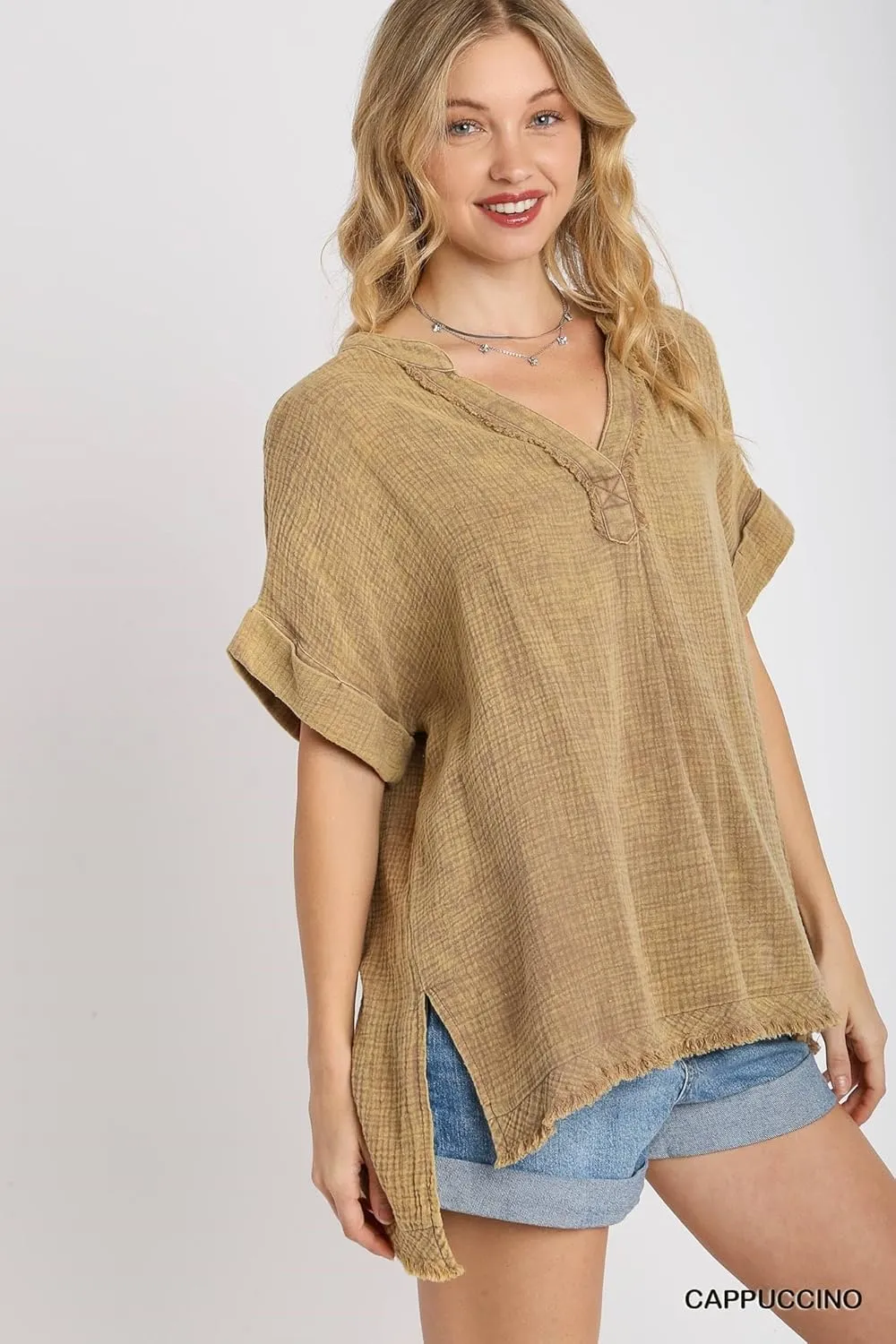Umgee Mineral Wash Gauze Fabric Tunic Top Split Neckline, Side Split Hem, Cuffed Sleeves & Hi Low Cut