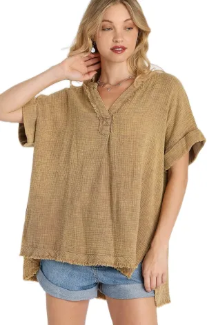 Umgee Mineral Wash Gauze Fabric Tunic Top Split Neckline, Side Split Hem, Cuffed Sleeves & Hi Low Cut