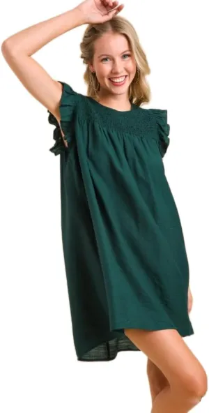 Umgee Smocked Yoke Short Ruffle Sleeves Dress with Back Keyhole and No Lining