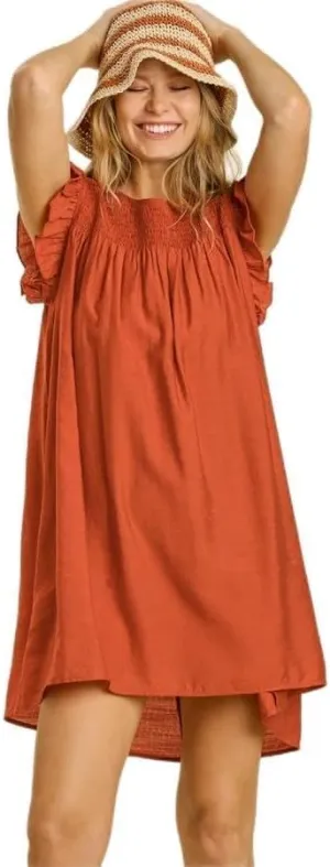Umgee Smocked Yoke Short Ruffle Sleeves Dress with Back Keyhole and No Lining