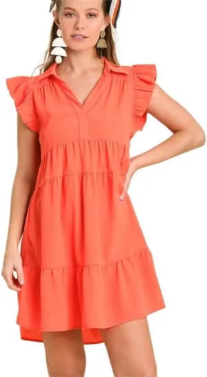 Umgee Tiered Short Dress with Flutter Sleeves & Collar No Lining