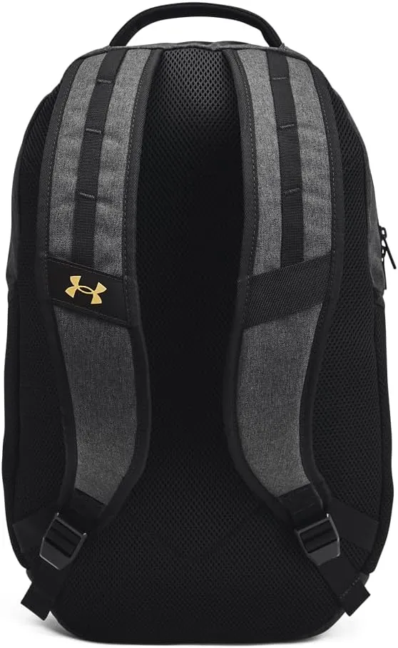 Under Armour Unisex-Adult Hustle 6.0 Backpack, (005) Black Full Heather/Black/Metallic Gold, One Size Fits Most