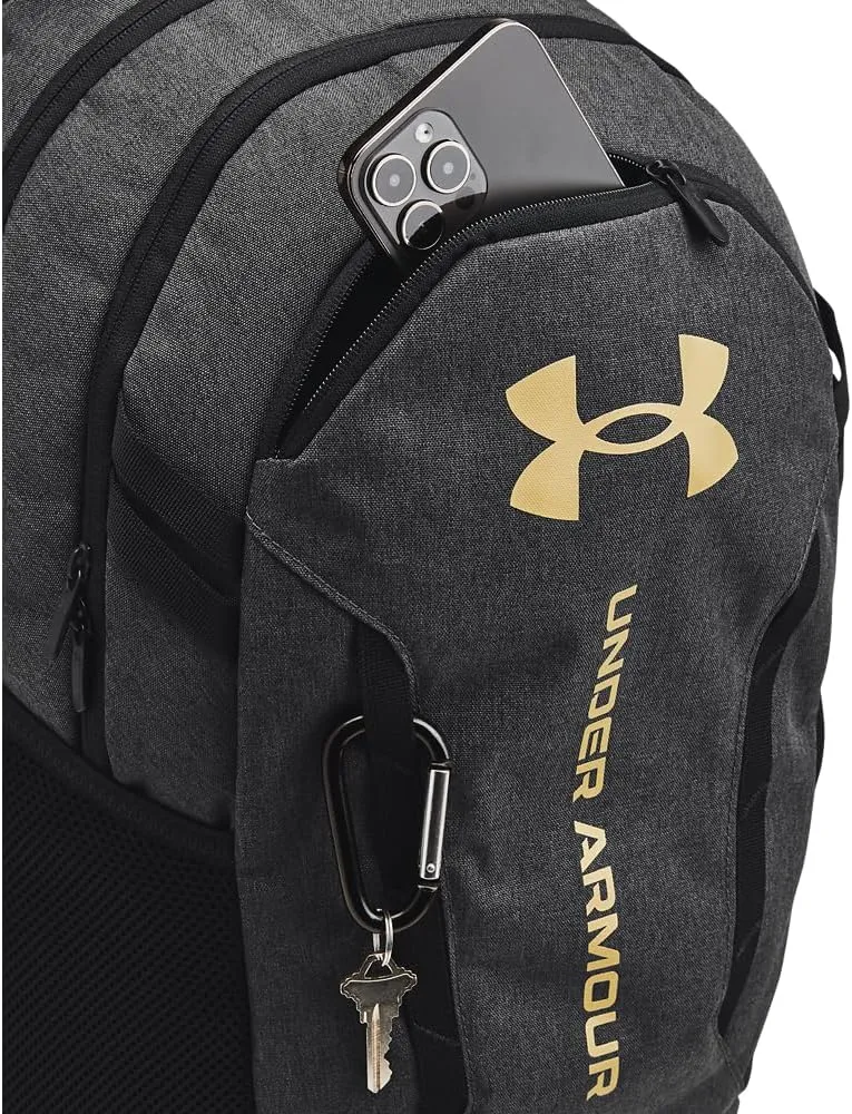 Under Armour Unisex-Adult Hustle 6.0 Backpack, (005) Black Full Heather/Black/Metallic Gold, One Size Fits Most