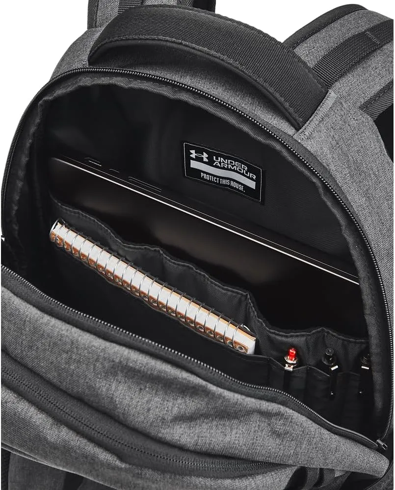 Under Armour Unisex-Adult Hustle 6.0 Backpack, (005) Black Full Heather/Black/Metallic Gold, One Size Fits Most
