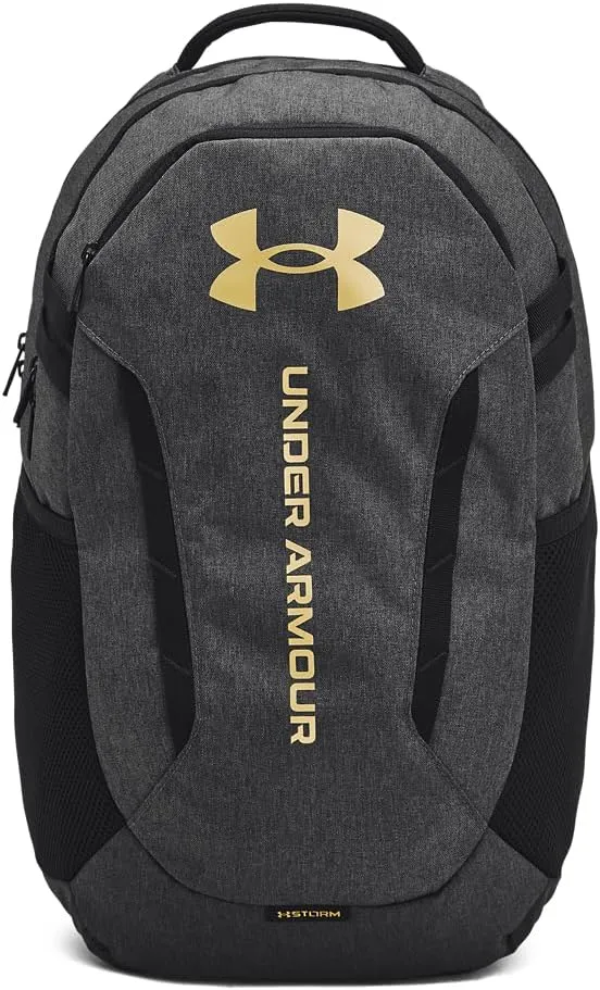 Under Armour Unisex-Adult Hustle 6.0 Backpack, (005) Black Full Heather/Black/Metallic Gold, One Size Fits Most