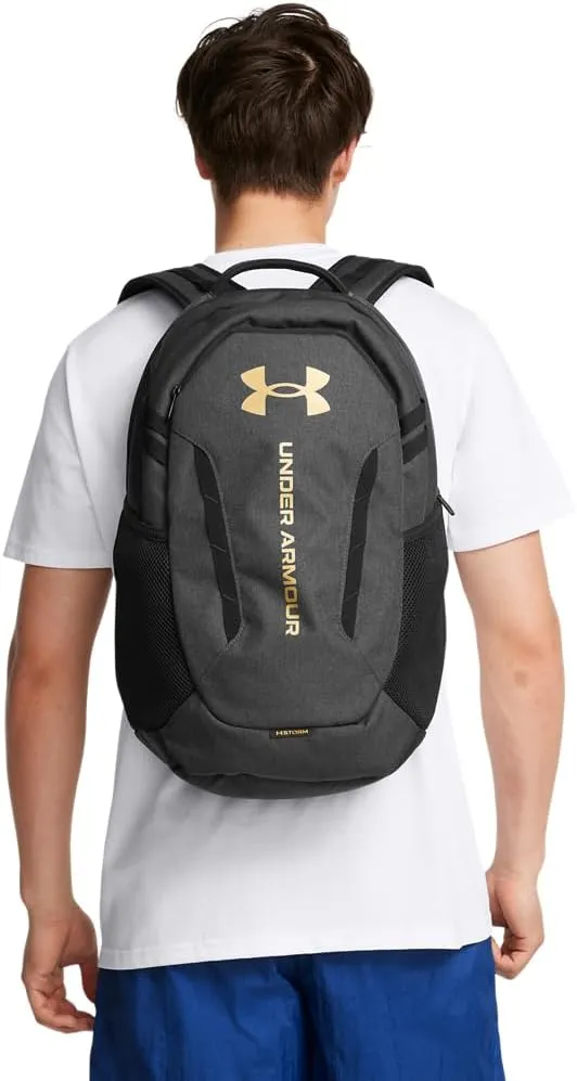 Under Armour Unisex-Adult Hustle 6.0 Backpack, (005) Black Full Heather/Black/Metallic Gold, One Size Fits Most